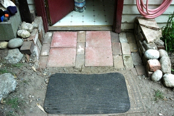 Inexpensive brick and pavers path entry, backdoor, $1 dollar each (Home Depot), total cost $4, Seattle, Washington, USA