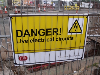 Longbridge road works - sign - Danger! Live electrical circuits